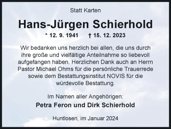 Traueranzeige von Hans-Jürgen Schierhold von Nordwest-Zeitung