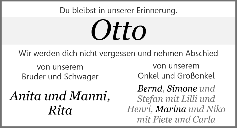  Traueranzeige für Hans-Otto Willers vom 01.02.2024 aus Nordwest-Zeitung
