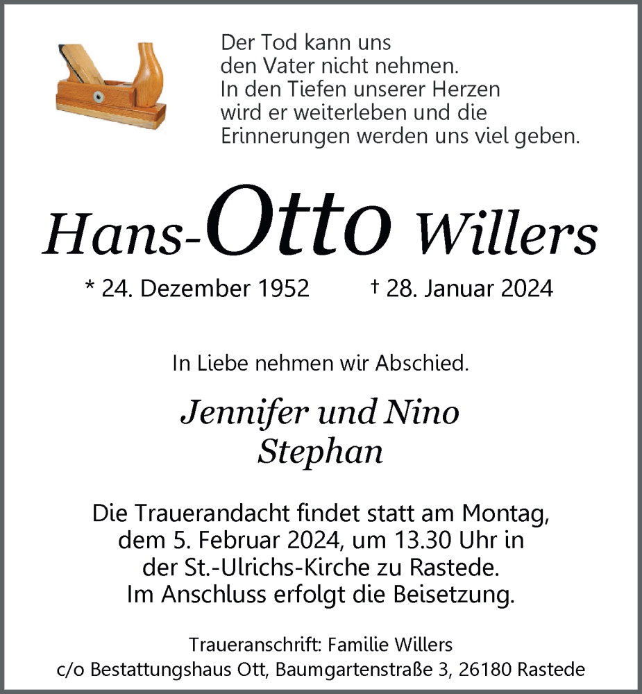  Traueranzeige für Hans-Otto Willers vom 01.02.2024 aus Nordwest-Zeitung
