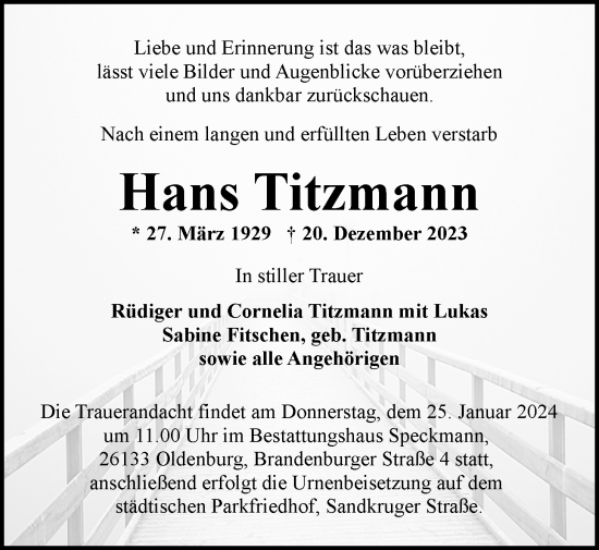 Traueranzeige von Hans Titzmann von Nordwest-Zeitung