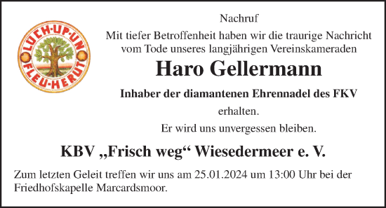 Traueranzeige von Haro Gellermann von WZ/JW/AH