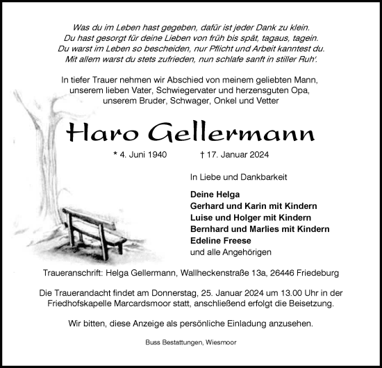 Traueranzeige von Haro Gellermann von WZ/JW/AH