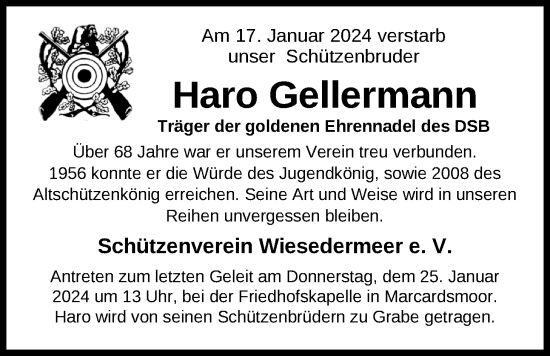 Traueranzeige von Haro Gellermann von WZ/JW/AH