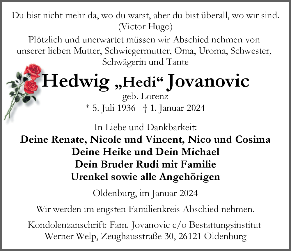  Traueranzeige für Hedwig Jovanovic vom 06.01.2024 aus Nordwest-Zeitung