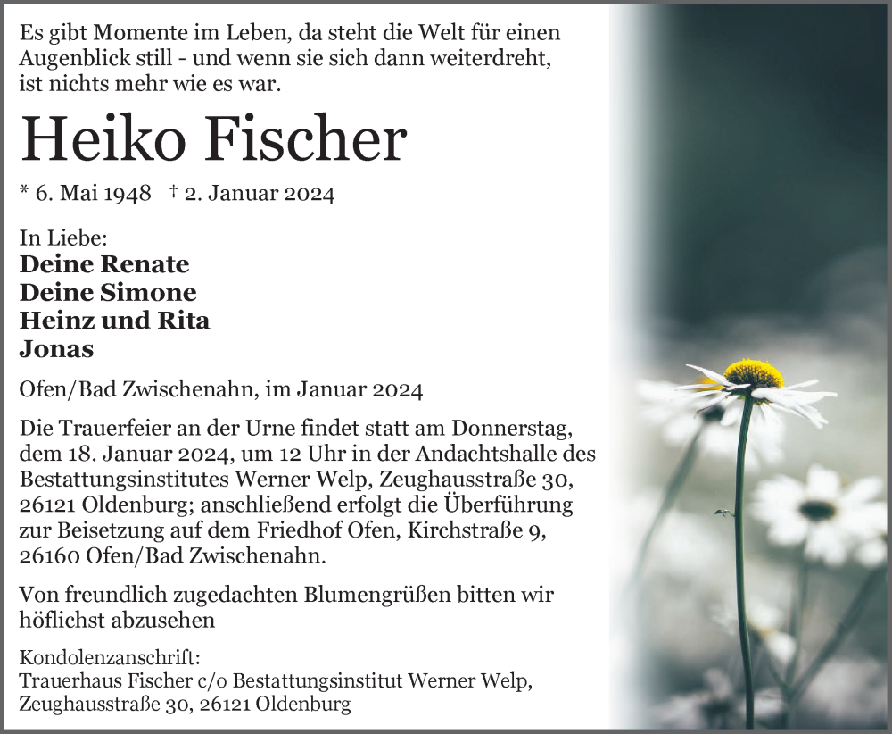  Traueranzeige für Heiko Fischer vom 13.01.2024 aus Nordwest-Zeitung