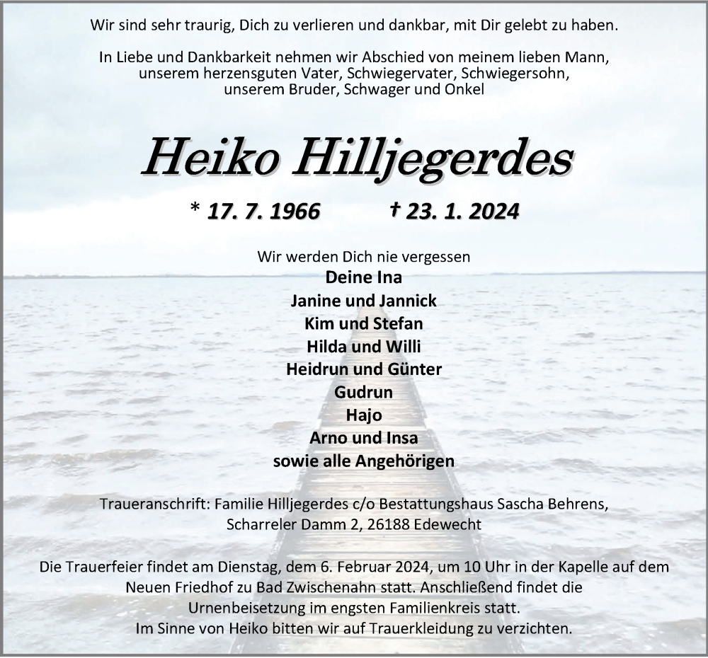  Traueranzeige für Heiko Hilljegerdes vom 30.01.2024 aus Nordwest-Zeitung