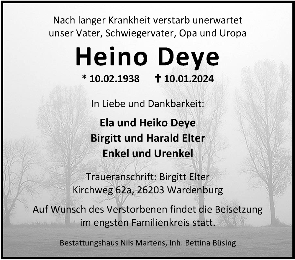  Traueranzeige für Heino Deye vom 17.01.2024 aus Nordwest-Zeitung