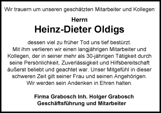 Traueranzeige von Heinz-Dieter Oldigs von Nordwest-Zeitung