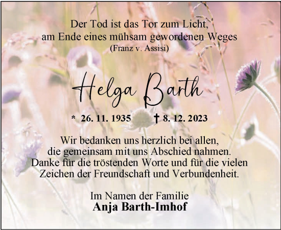 Traueranzeige von Helga Barth von Nordwest-Zeitung
