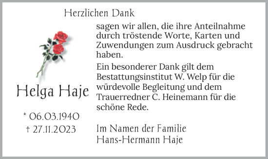 Traueranzeige von Helga Haje von Nordwest-Zeitung