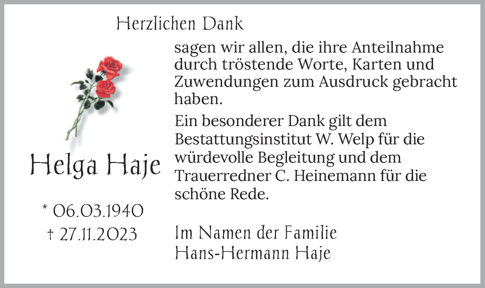  Traueranzeige für Helga Haje vom 20.01.2024 aus Nordwest-Zeitung