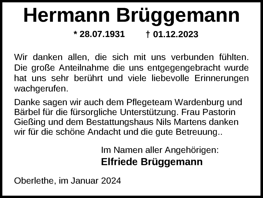  Traueranzeige für Hermann Brüggemann vom 13.01.2024 aus Nordwest-Zeitung
