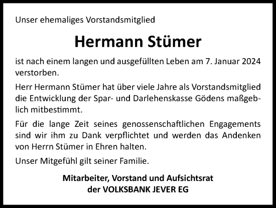 Traueranzeige von Hermann Stümer von WZ/JW/AH