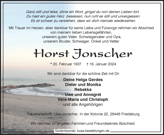 Traueranzeige von Horst Jonscher von WZ/JW/AH