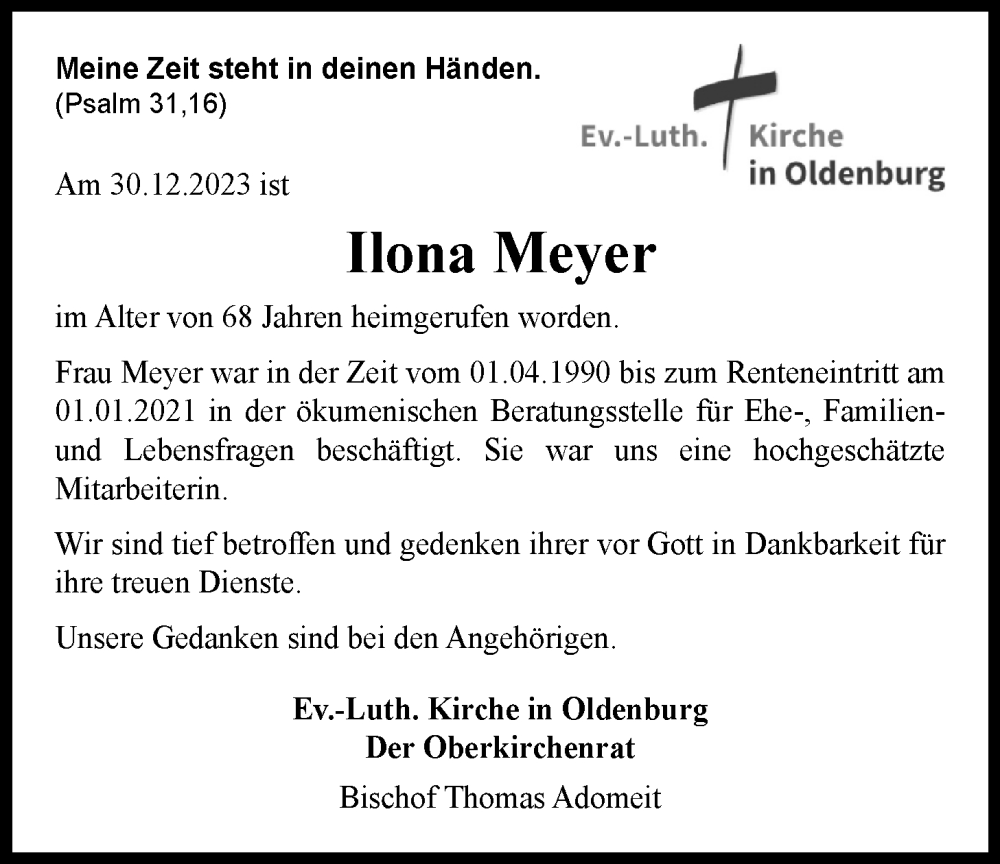  Traueranzeige für Ilona Meyer vom 13.01.2024 aus Nordwest-Zeitung