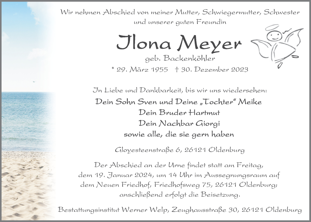  Traueranzeige für Ilona Meyer vom 13.01.2024 aus Nordwest-Zeitung