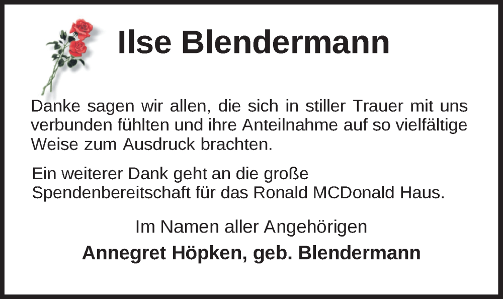  Traueranzeige für Ilse Blendermann vom 13.01.2024 aus Nordwest-Zeitung