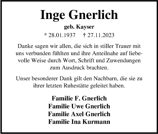 Traueranzeige von Inge Gnerlich von Nordwest-Zeitung