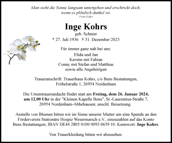 Traueranzeigen von Inge Kohrs nordwesttrauer.de
