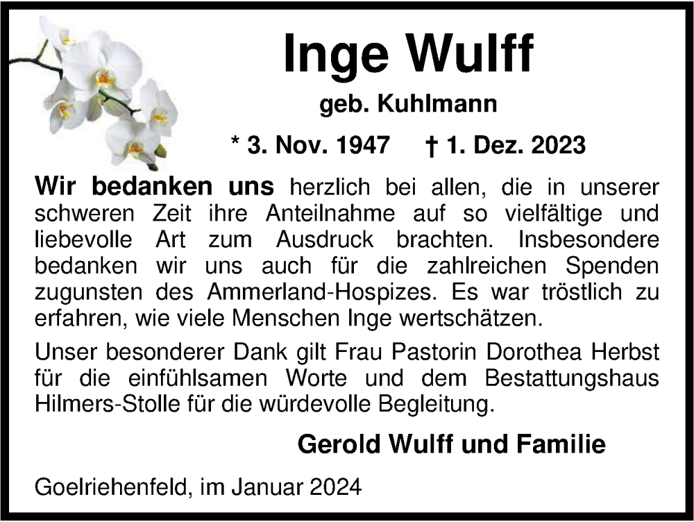  Traueranzeige für Inge Wulff vom 27.01.2024 aus Nordwest-Zeitung