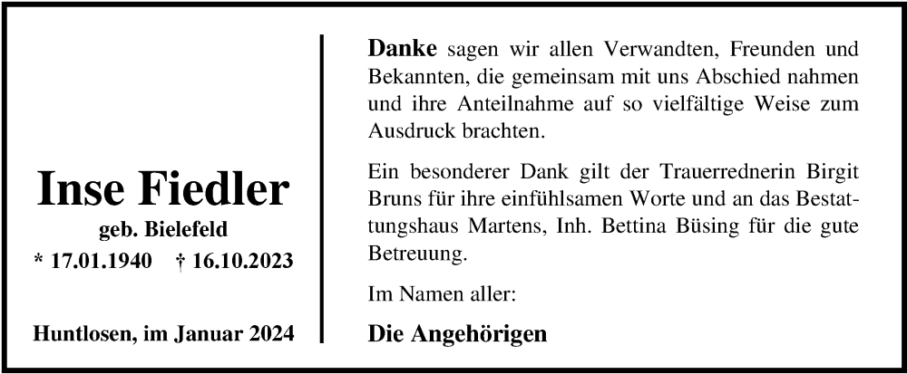  Traueranzeige für Inse Fiedler vom 26.01.2024 aus Nordwest-Zeitung