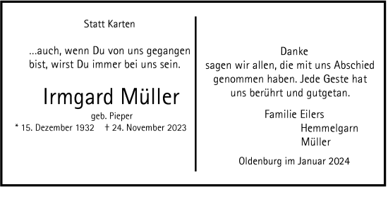 Traueranzeige von Irmgard Müller von Nordwest-Zeitung