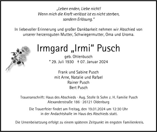 Traueranzeige von Irmgard Pusch von Nordwest-Zeitung