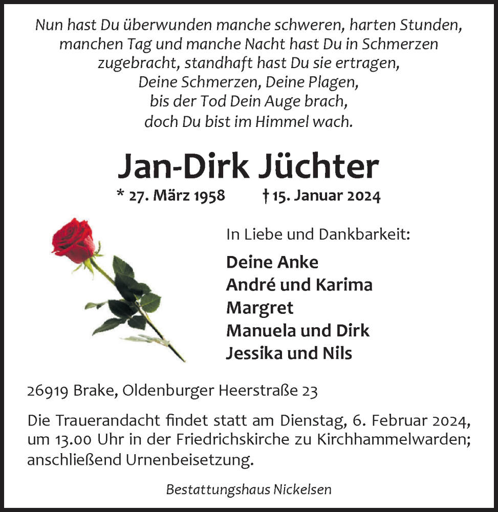  Traueranzeige für Jan-Dirk Jüchter vom 27.01.2024 aus Nordwest-Zeitung