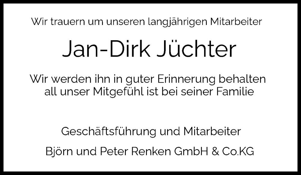  Traueranzeige für Jan-Dirk Jüchter vom 27.01.2024 aus Nordwest-Zeitung