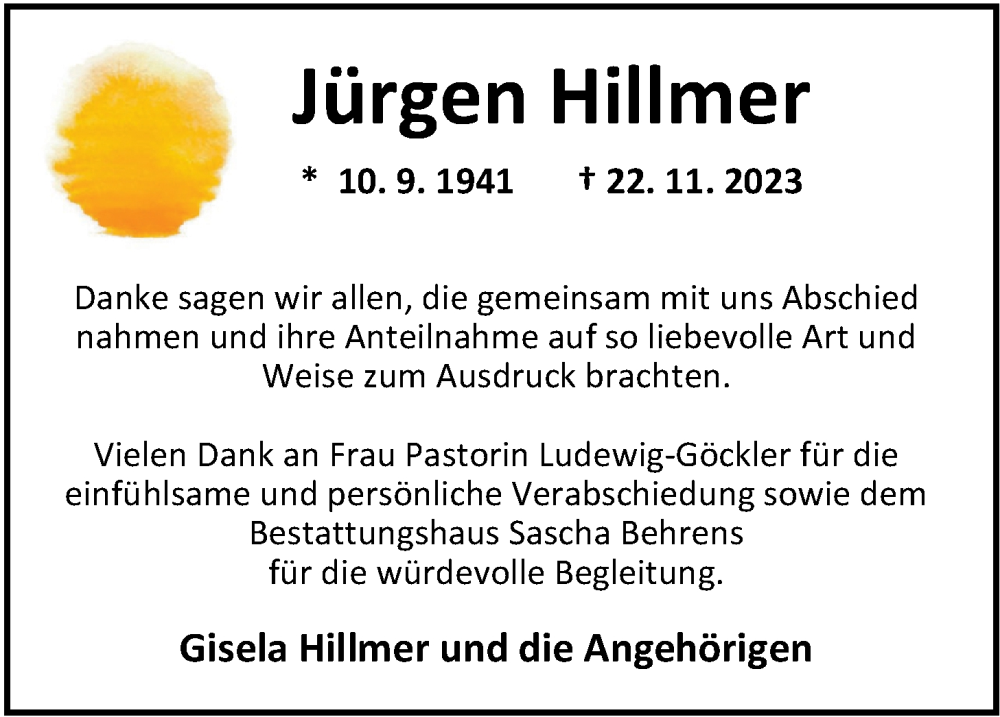  Traueranzeige für Jürgen Hillmer vom 20.01.2024 aus Nordwest-Zeitung