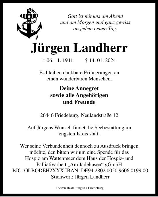 Traueranzeige von Jürgen Landherr von WZ/JW/AH