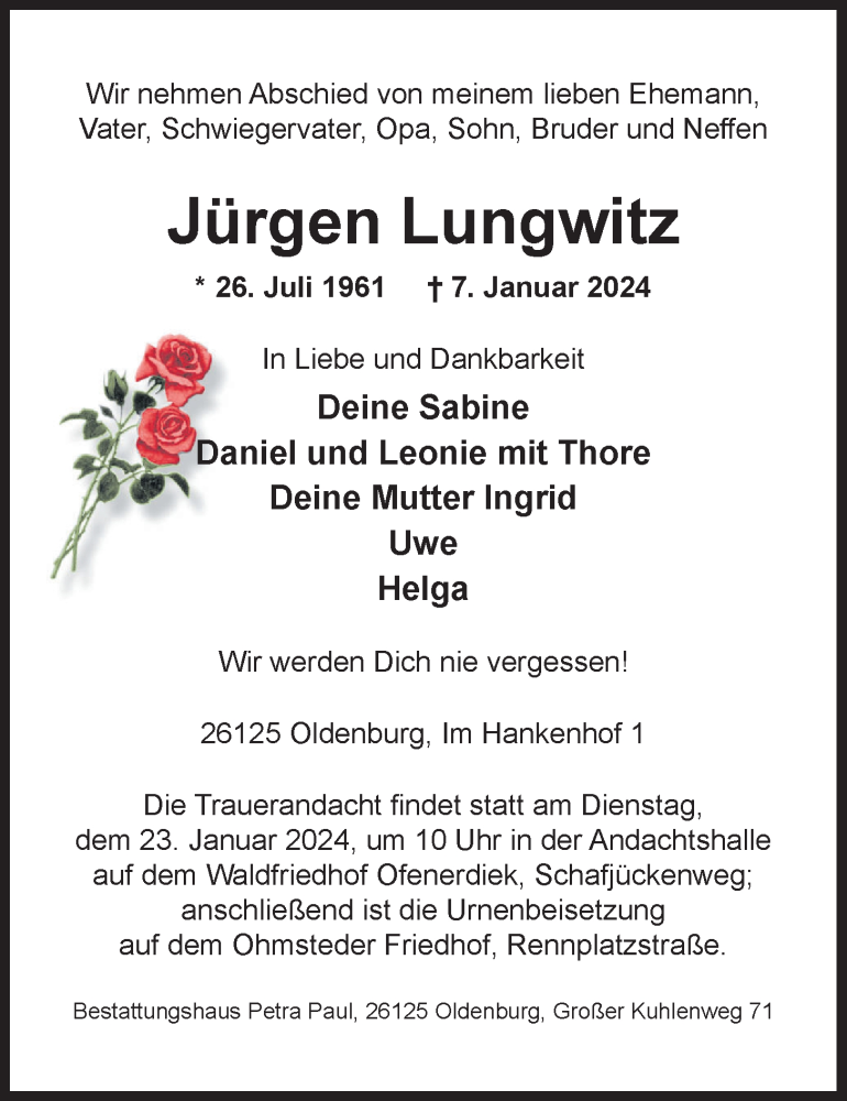  Traueranzeige für Jürgen Lungwitz vom 13.01.2024 aus Nordwest-Zeitung