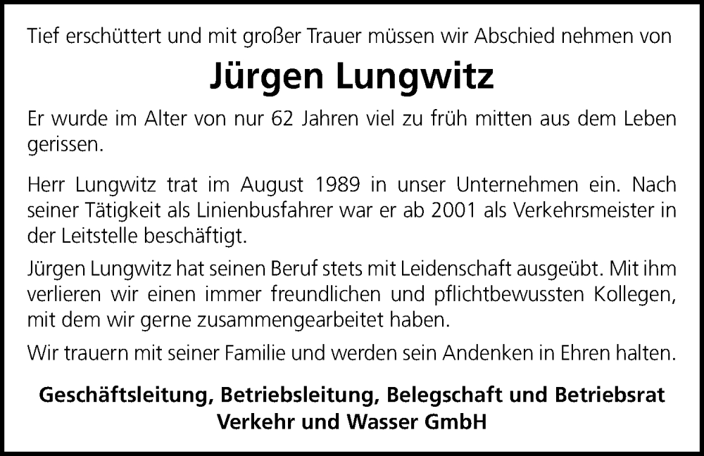  Traueranzeige für Jürgen Lungwitz vom 13.01.2024 aus Nordwest-Zeitung