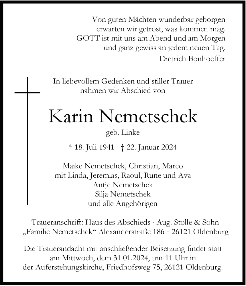  Traueranzeige für Karin Nemetschek vom 27.01.2024 aus Nordwest-Zeitung