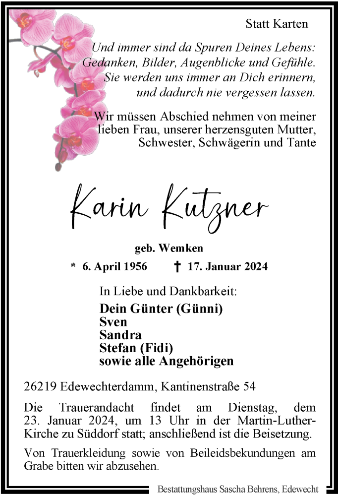 Traueranzeige für Karin Kutzner Kutzner vom 20.01.2024 aus Nordwest-Zeitung