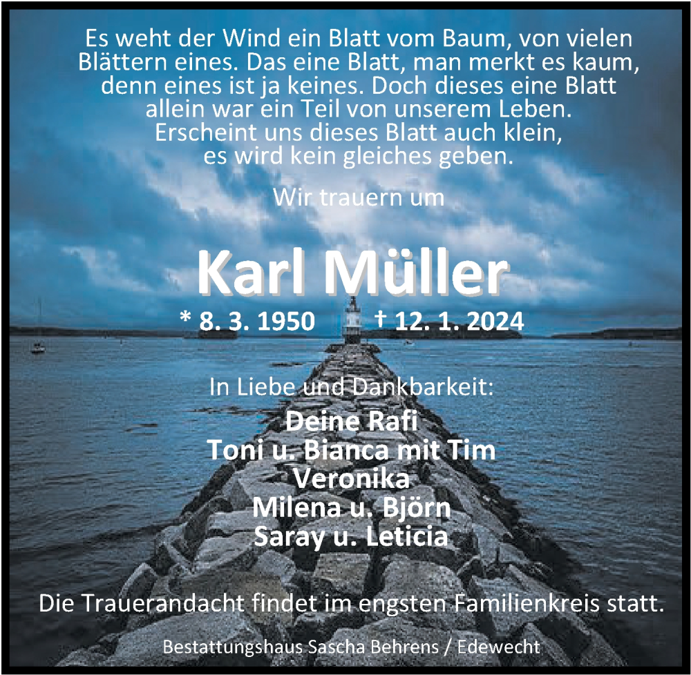  Traueranzeige für Karl Müller vom 20.01.2024 aus Nordwest-Zeitung