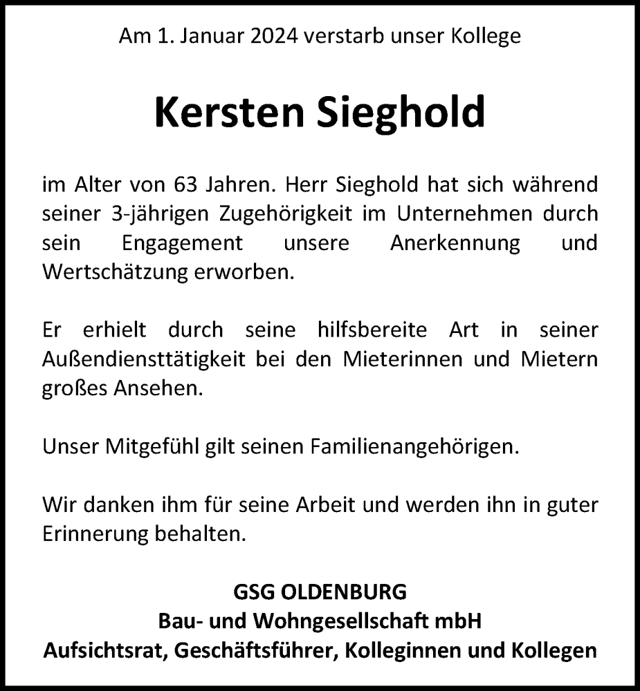  Traueranzeige für Kersten Sieghold vom 13.01.2024 aus Nordwest-Zeitung