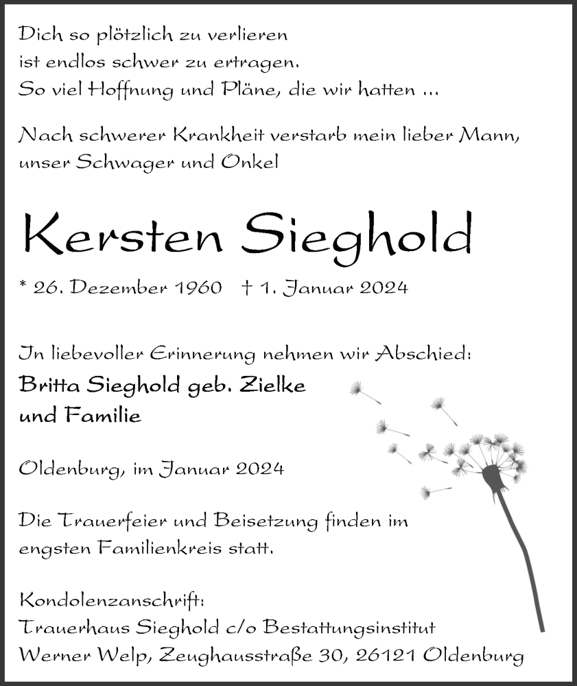  Traueranzeige für Kersten Sieghold vom 06.01.2024 aus Nordwest-Zeitung