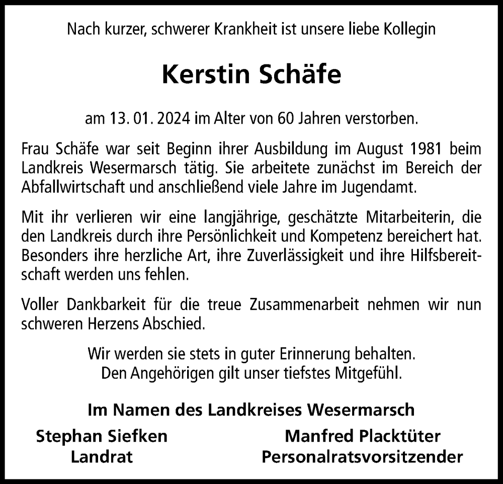  Traueranzeige für Kerstin Schäfe vom 20.01.2024 aus Nordwest-Zeitung