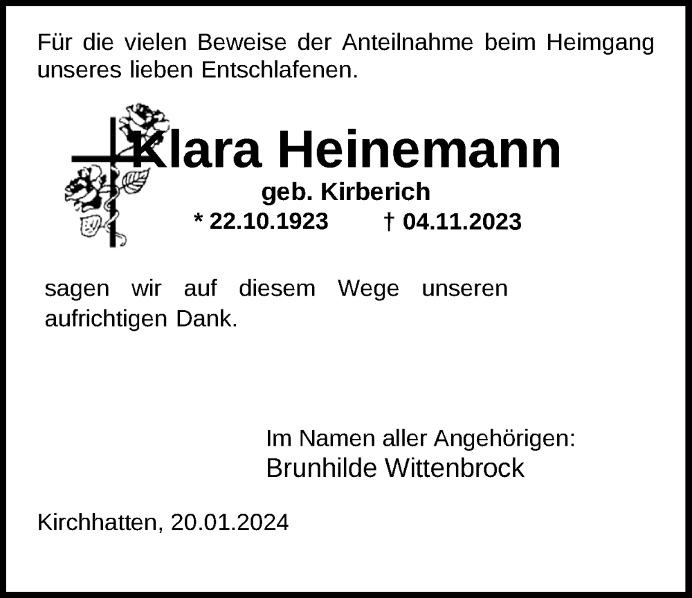  Traueranzeige für Klara Heinemann vom 16.01.2024 aus Nordwest-Zeitung