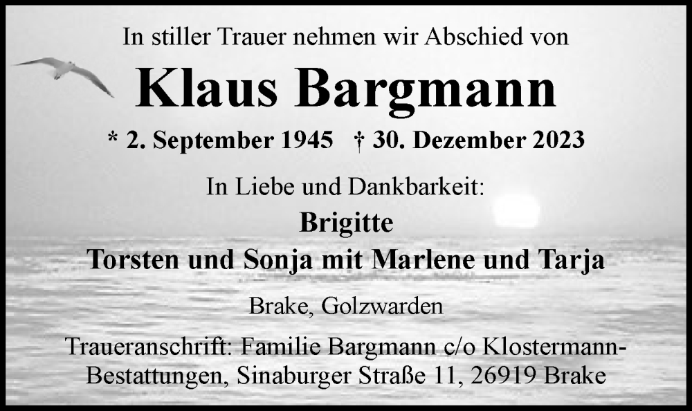 Traueranzeige für Klaus Bargmann vom 03.01.2024 aus Nordwest-Zeitung