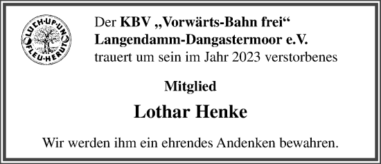 Traueranzeige von Lothar Henke von Nordwest-Zeitung