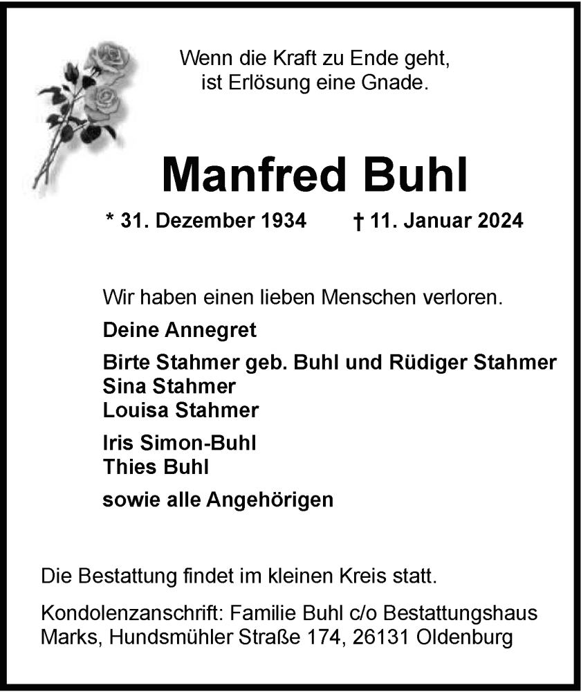  Traueranzeige für Manfred Buhl vom 20.01.2024 aus Nordwest-Zeitung