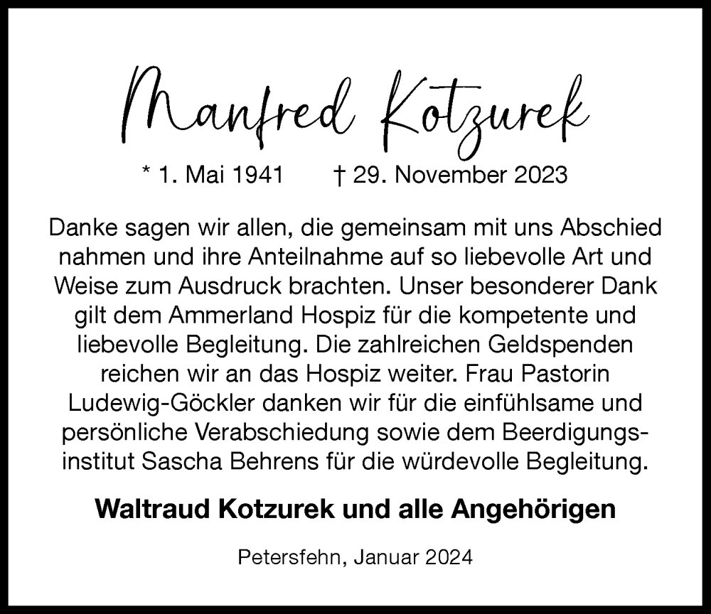  Traueranzeige für Manfred Kotzurek vom 13.01.2024 aus Nordwest-Zeitung