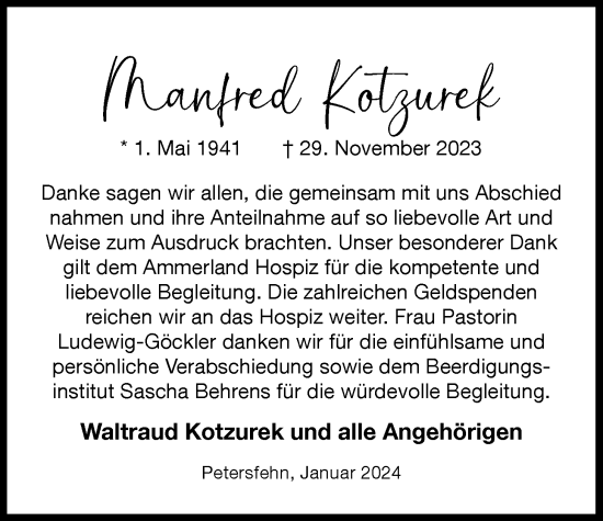 Traueranzeige von Manfred Kotzurek von Nordwest-Zeitung