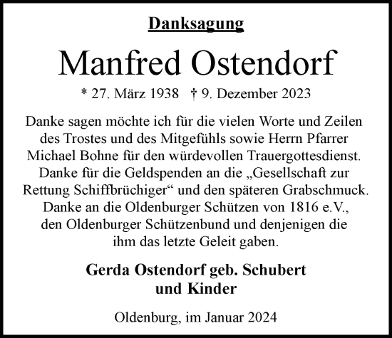 Traueranzeige von Manfred Ostendorf von Nordwest-Zeitung