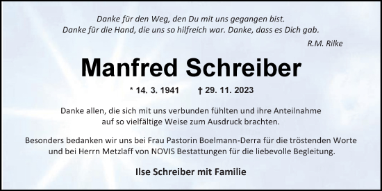 Traueranzeige von Manfred Schreiber von Nordwest-Zeitung