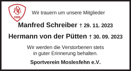 Traueranzeige von Manfred Schreiber von Nordwest-Zeitung