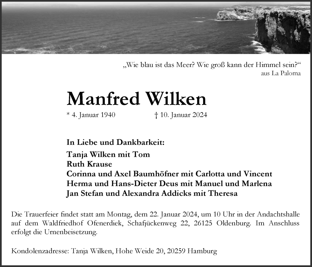  Traueranzeige für Manfred Wilken vom 17.01.2024 aus Nordwest-Zeitung
