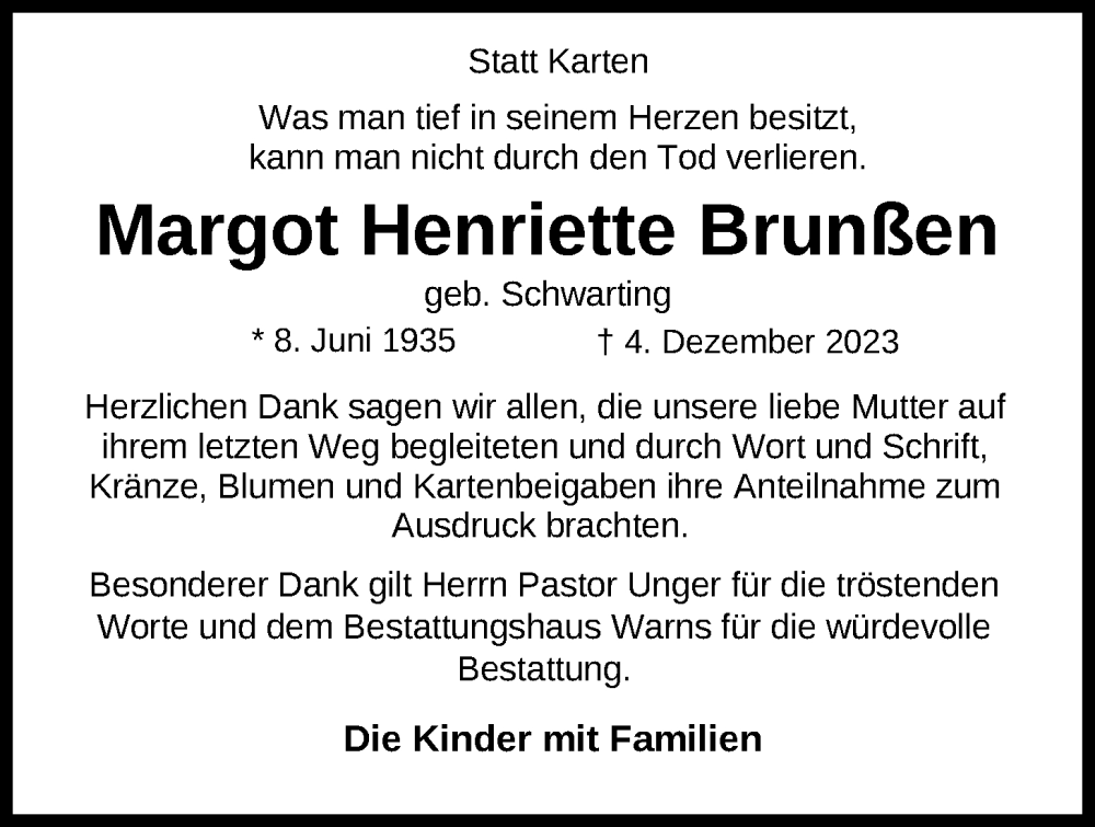  Traueranzeige für Margot Henriette Brunßen vom 20.01.2024 aus Nordwest-Zeitung